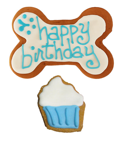 Birthday Boy Grain-Free Dog Cookie Set – Blue Iced Bone & Cupcake