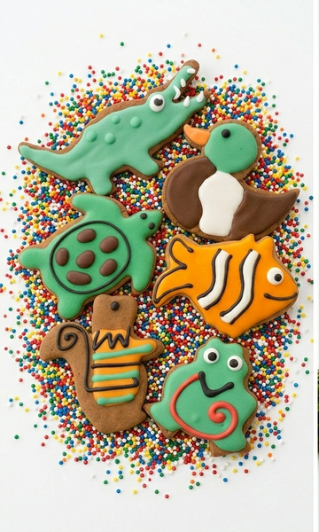 Colorful animal-shaped decorated Grain Free dog cookies