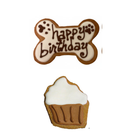 Birthday Unisex Grain-Free Dog Cookie Set – Brown Iced Bone & Cupcake
