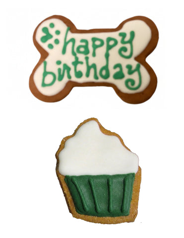Birthday Unisex Grain-Free Dog Cookie Set – Green Iced Bone & Cupcake